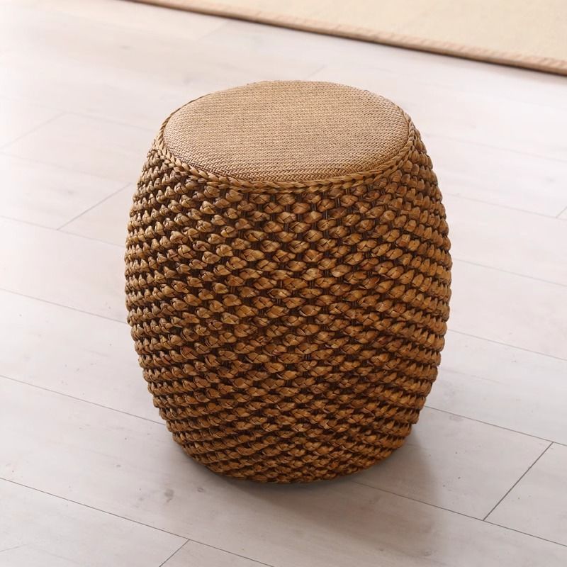 Rattan chinoiserie solid wood straw makeup low drum stool for home living room coffee table shoe changing stool guzheng piano board tall round stool
