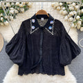 Accessible luxury palace style classy bubble sleeve shirt women's summer cut out crochet heavy industry diamond loose design tops