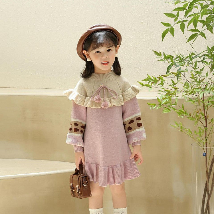 Girls' knit sweater dress - new autumn/winter  collection - kids' long knit dress with pom-poms - baby girl's new year's long dress