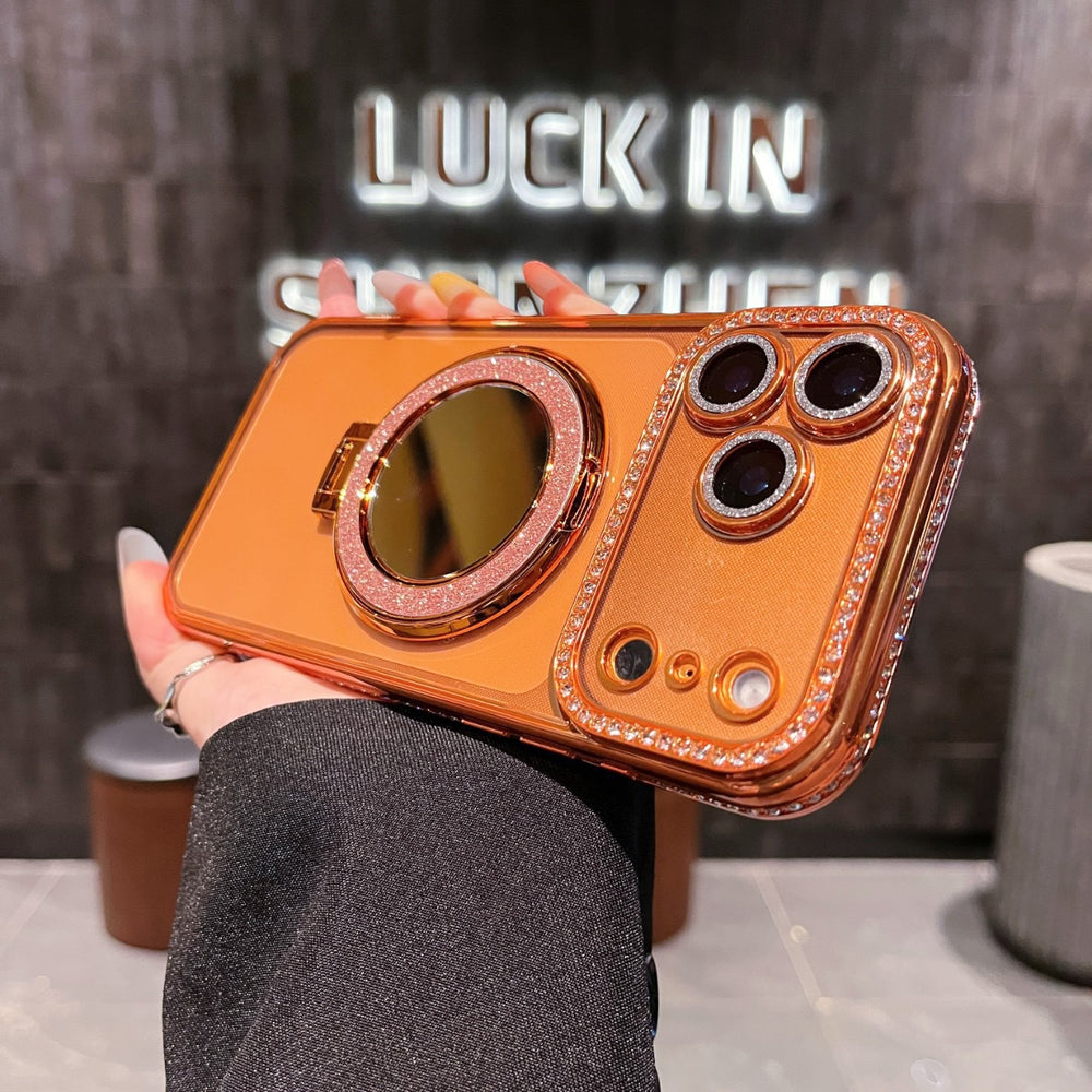 Luxury rhinestone-embellished frame case for iphone 17 pro max, apple 16 glitter mirror magnetic stand case
