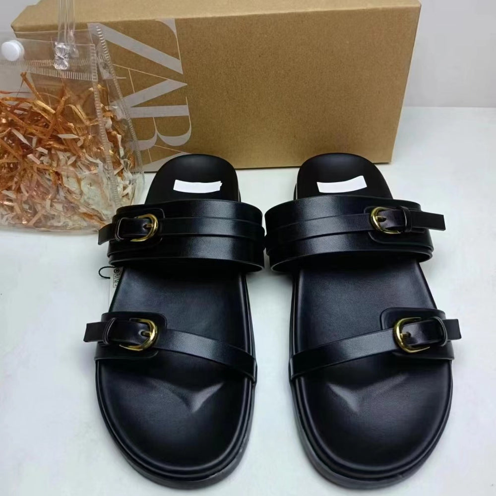 Za2024summer new one-piece back hollow women's shoes black buckle breathable round toe fashion flats sandals