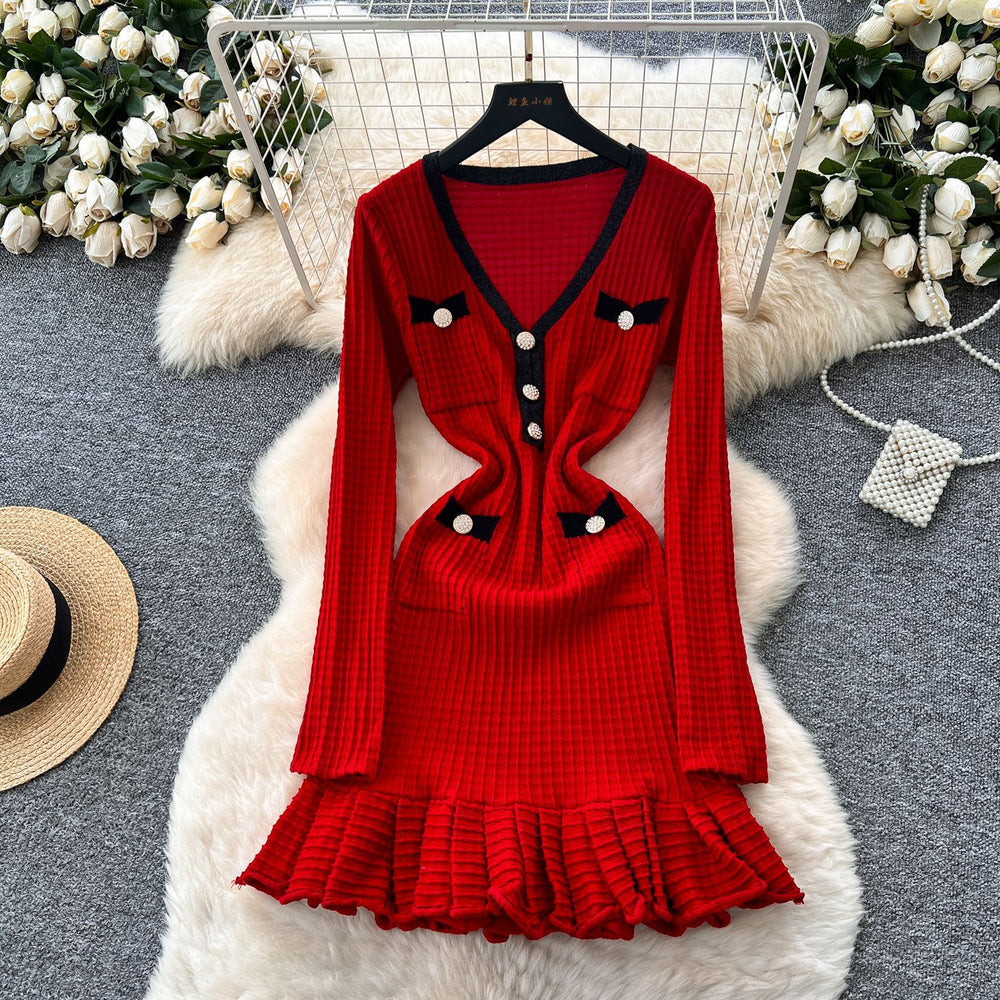 Exportnew arrivalfall and winternew arrivalwaffle gridscontrast color tweed stylev neckknittingdressruffles skirt