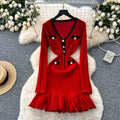 Exportnew arrivalfall and winternew arrivalwaffle gridscontrast color tweed stylev neckknittingdressruffles skirt