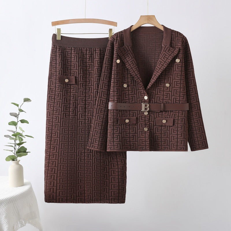 new european and american fashionable and elegant herringbone jacquard knitted export two-piece knit set dress