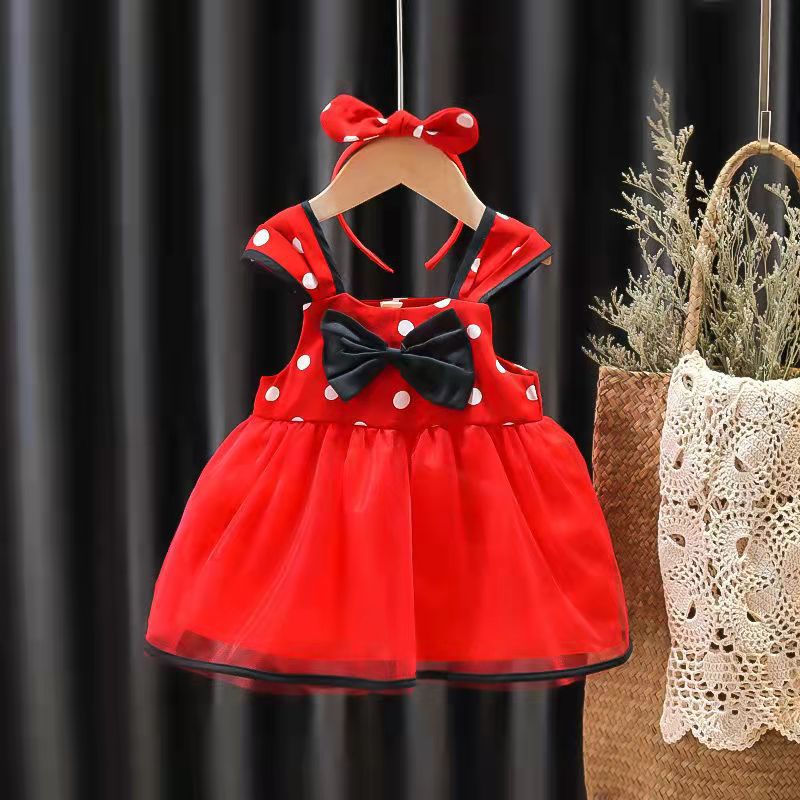 summer new girls' princess dress - stylish children's formal dress, polka dot sundress with hair clip