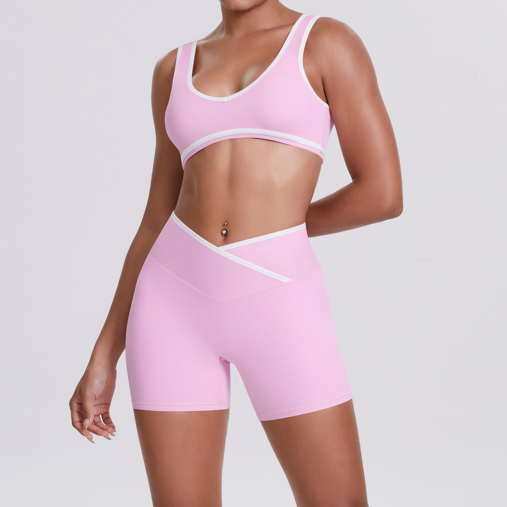 double-sided brushed contrast color tight breathable cross-waist yoga suit sports running fitness two-piece set for women