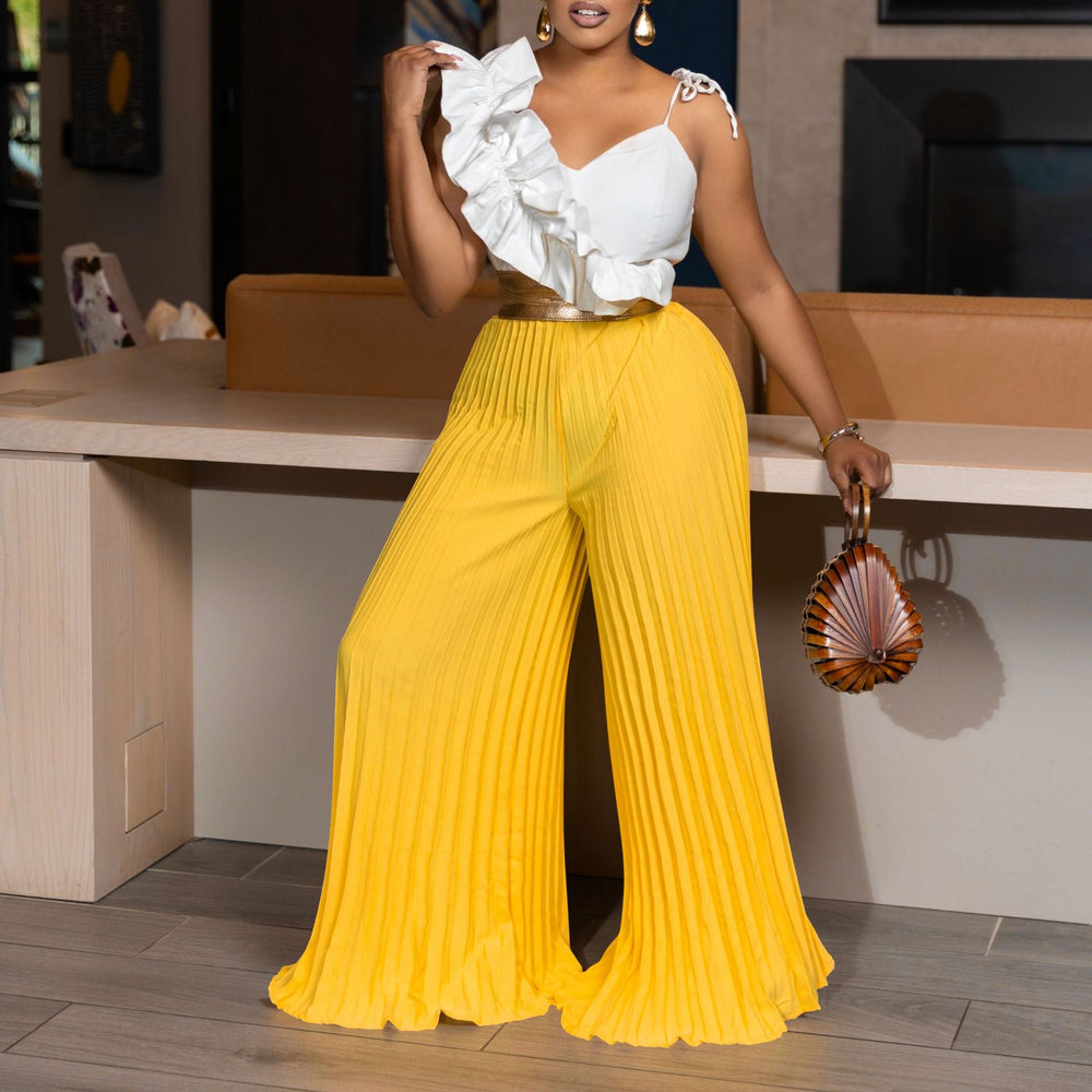 C8605 european and american style  foreign trade sexy ruffle sleeveless top wide leg pants fashion set