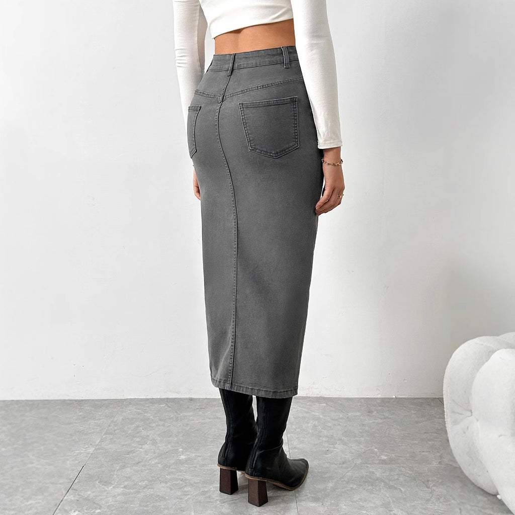Cross-border retro denim skirt skirt women's spring and autumn high waist and thin buttocks straight A-shaped split long skirt