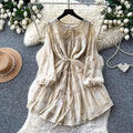 French chic green floral dress - women's summer long sleeve v-neck a-line dress with cinched waist - slimming, elegant, and perfect for vacation