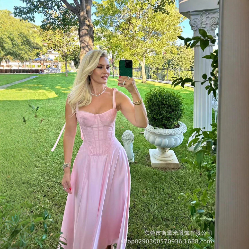 SDM158 temperament pink bow with fishbone tube top suspender pleated dress new holiday girl dress