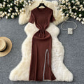 Elegant and chic sequin-embellished midi knit dress for women - summer collection: sexy, slim-fit, round neck, short sleeves, and a flattering slit