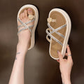 Women's thick-soled thong sandals - new summer collection: floral rhinestone crossover strap roman slip-on sandals