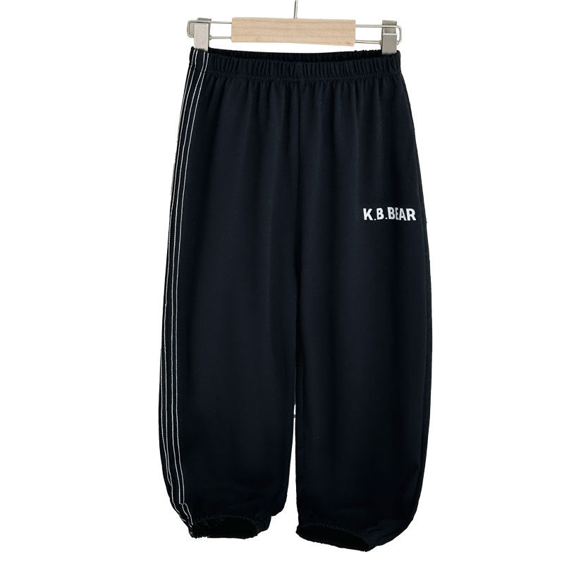 kids' summer lightweight joggers - solid color, side stripe, casual, unisex, anti-mosquito, home pants with elastic cuffs