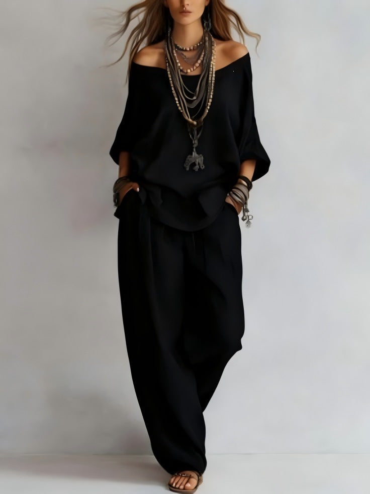 European and american cross-border  independent station summer new casual loose linen three-quarter sleeve top + wide-leg pants set