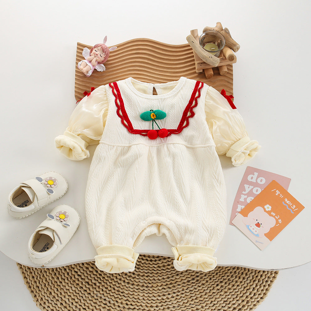Baby girl fleece-lined romper jumpsuit autumn winter romper newborn jacquard cherry winterheattech romper