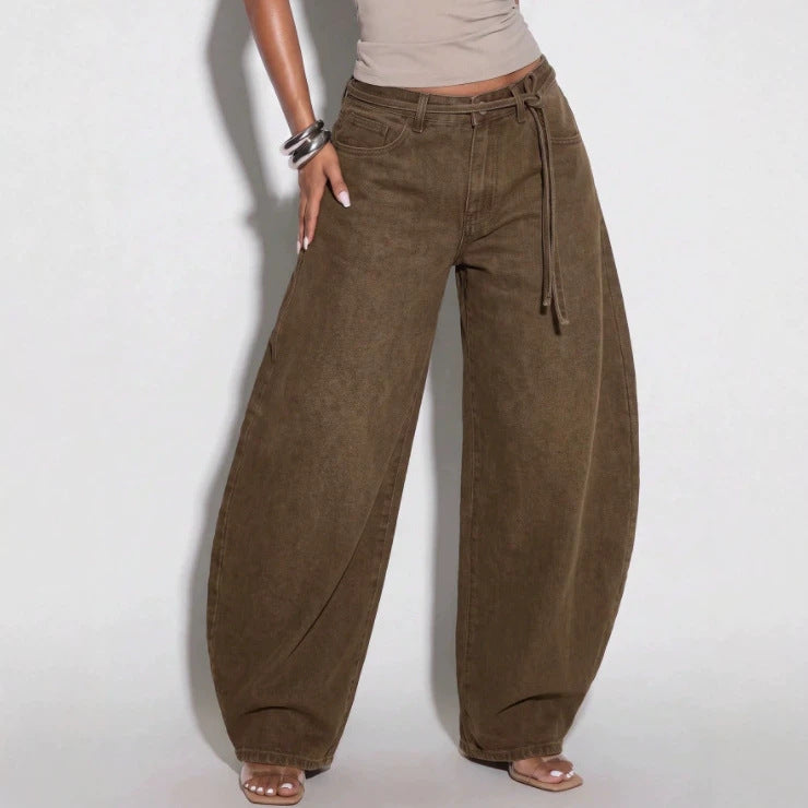 Women's casual loose bucket jeans with drawstring waist