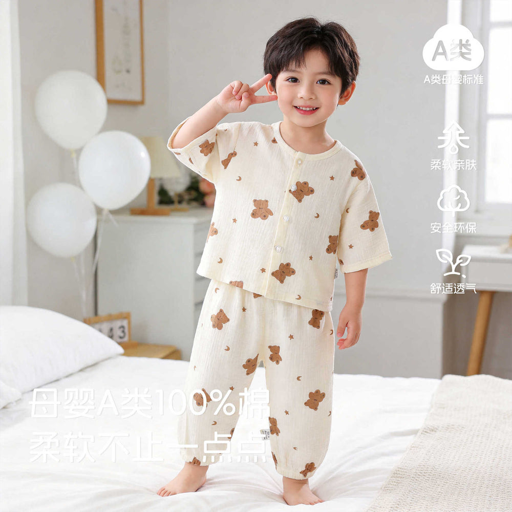 Baby pajamas gauze pure cotton spring summer thin baby air conditioning home clothes separatestwo-piece set men's and women's children
