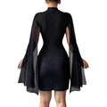 European hot girl dress - sparkling print, high neck, lantern sleeves, bodycon, sexy bodycon skirt