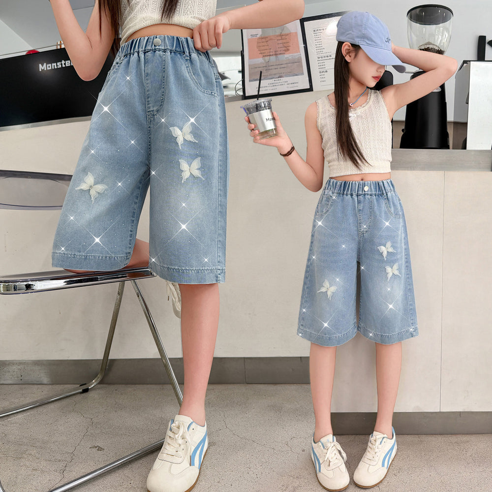 Girl hot diamond denim mid-pants summer style pants kids middle-aged and big kids shorts easiest for matchsummer thin half length pants
