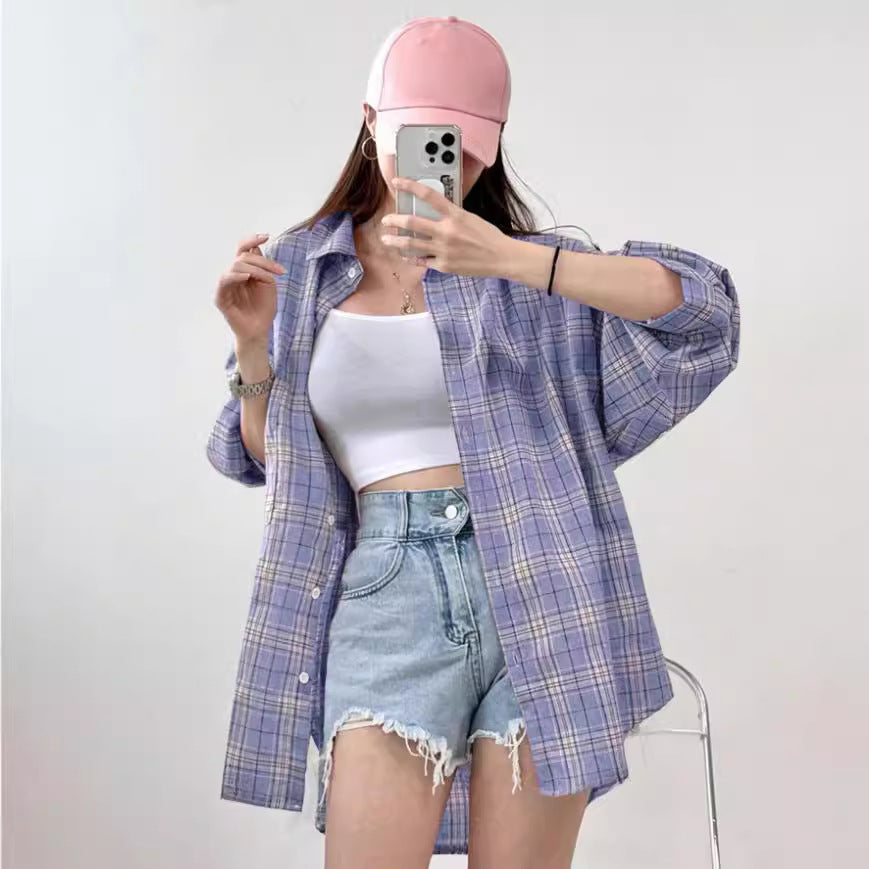 European and american cross-border  spring versatile commute collared long-sleeve loose fit designer plaid pocket women's blouse