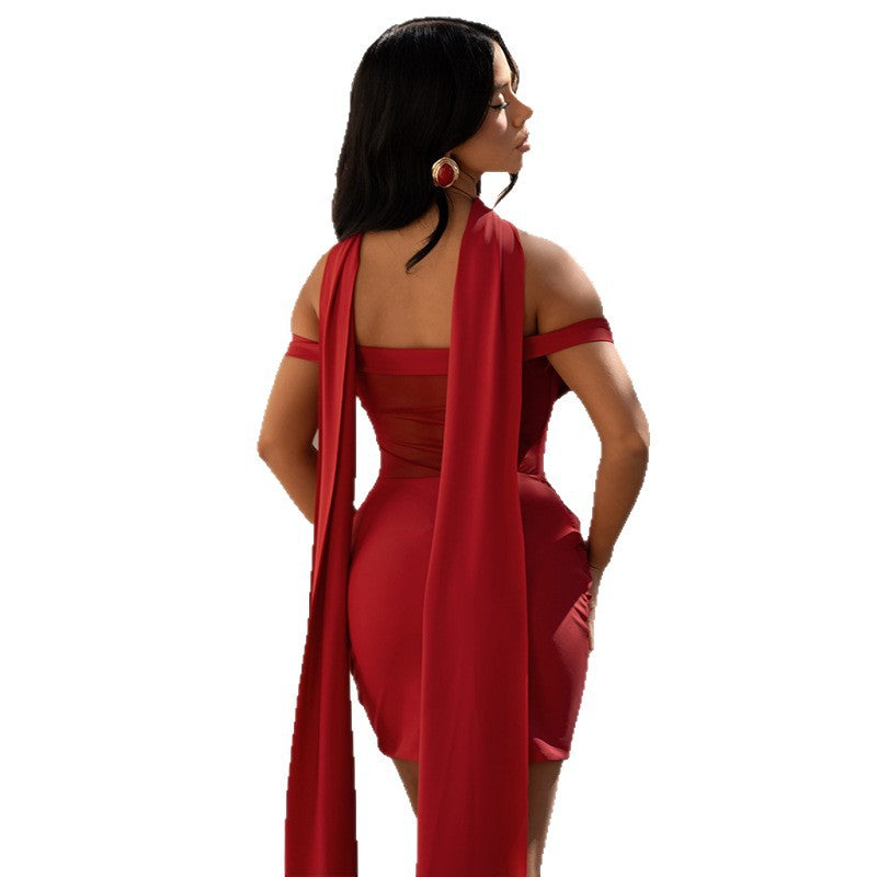 Fashion style cross-border waist women's home pure color slightly see-through hip skirt pleated sexy tube top short light dress trendy
