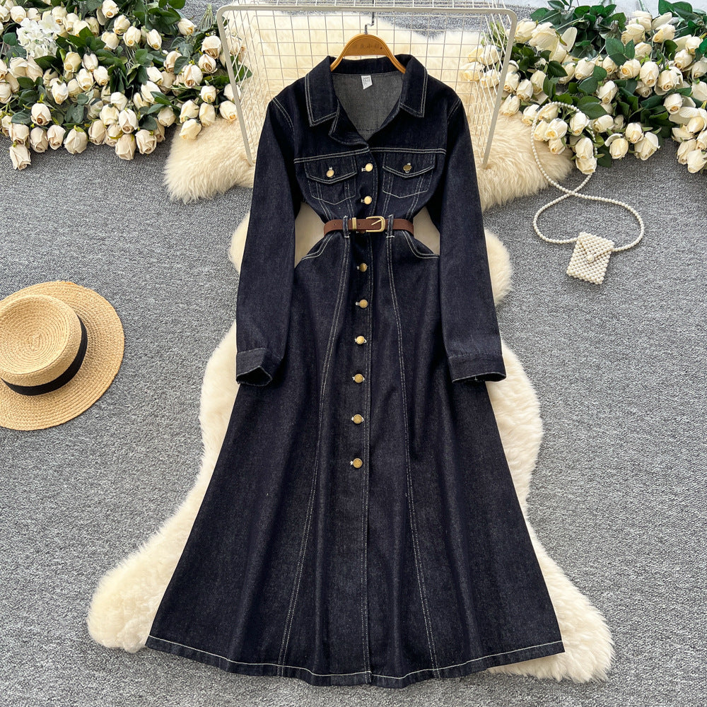 French retro chic, high-end denim dress with metal buckle collar, long sleeves, single-breasted button closure, and tie-waist detail
