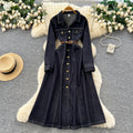 French retro chic, high-end denim dress with metal buckle collar, long sleeves, single-breasted button closure, and tie-waist detail