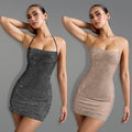 C7481 cross-border   fashion women's sexy halter neck rhinestone arm cover mini dress