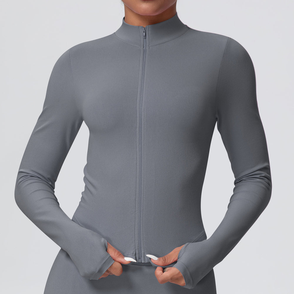 European and american seamless stand collar zipper long sleeve yoga jacket women's tight-fitting quick-dry outerwear running fitness apparel sports top