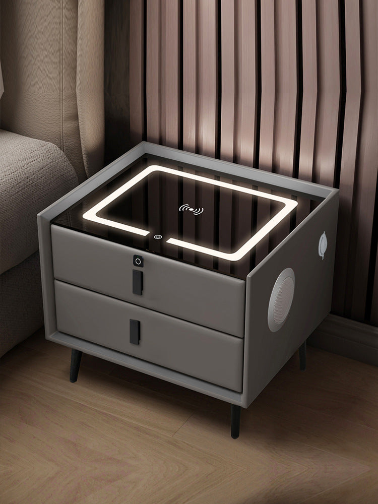 Smart nightstand solid wood bedside table - modern style bedroom with wireless charging, multifunctional lighting, and wireless charging capability