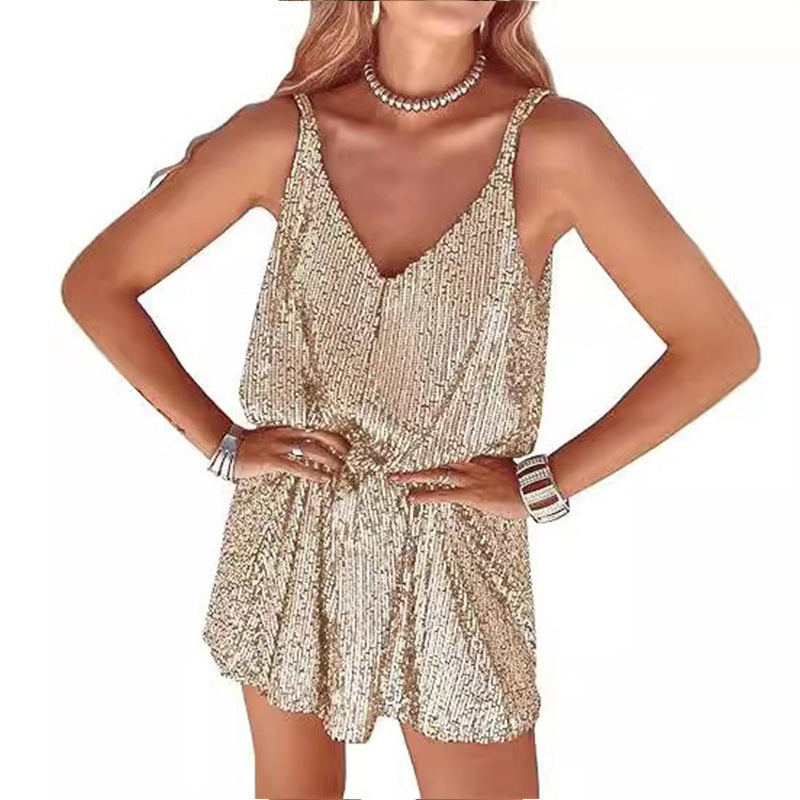 Amazon women's loose v-neck nightclub sexy hot girl dress - pure & sultry style, european & american style spaghetti strap sequin dress