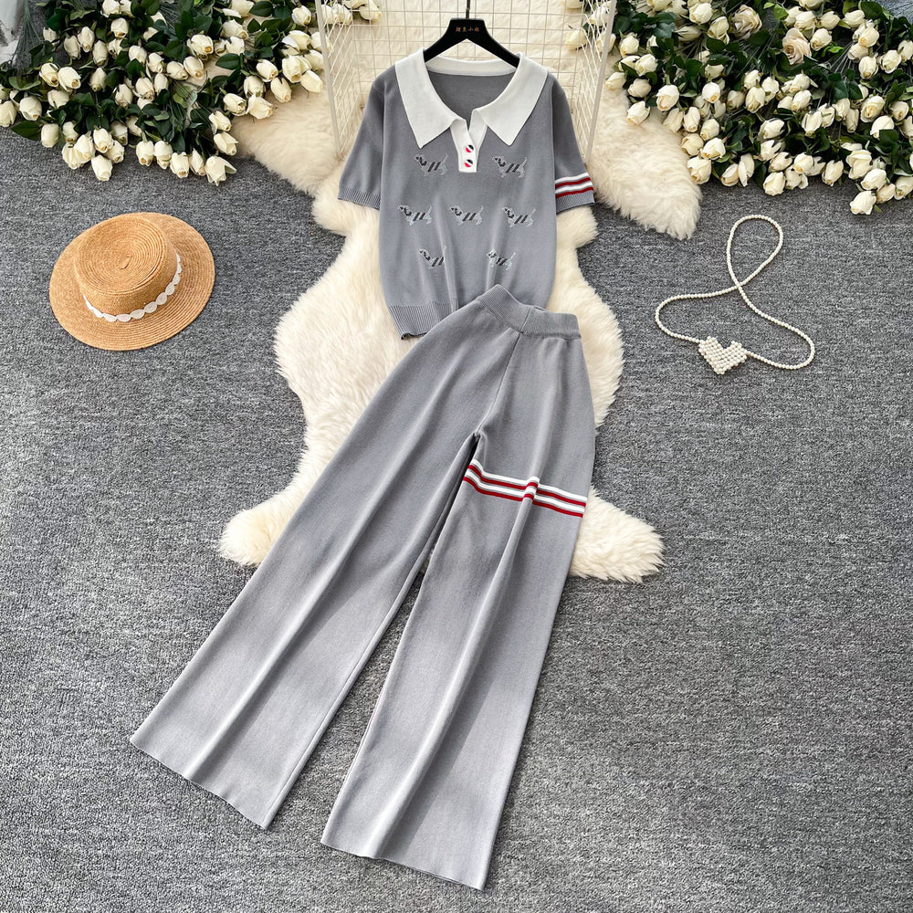 Lazy style knittingcute puppy suit women's summer lapel topshigh waistloose pantstwo-piece set relaxed feeling