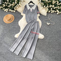 Lazy style knittingcute puppy suit women's summer lapel topshigh waistloose pantstwo-piece set relaxed feeling