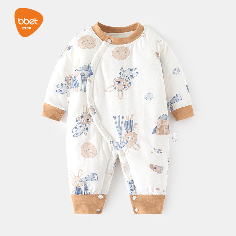 Babibele cotton jumpsuit for infants and young children 120g quilted fall and winter boneless khaki thin cotton thickened partial placket romper