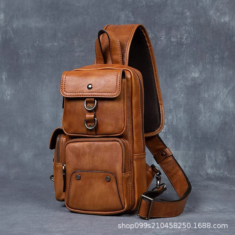 Retro handmade genuine leather chest bag casual crossbody bag first layer vegetable tanned cowhide multi-flap pocket pants shoulder bag men's travel trendy bag