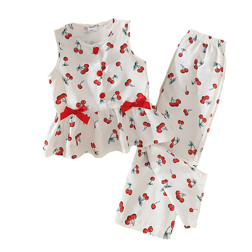 Baby clothing kids set children outfit cherry pattern white sleeveless tops