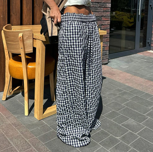 American retro high-waisted loose wide-leg pants women's autumn new drawstring elastic waist drape straight casual plaid pants