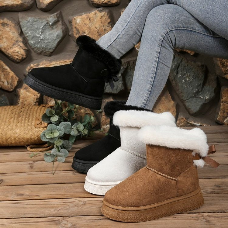 cross-border winter new arrivalfleece-linedthickenedplus size snow boots thick sole fur bow bowsheattech short boots for women