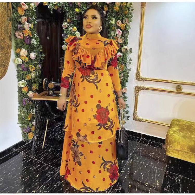 New arrival:  &  stand collar long sleeve printed african plus size women's two-piece dress set