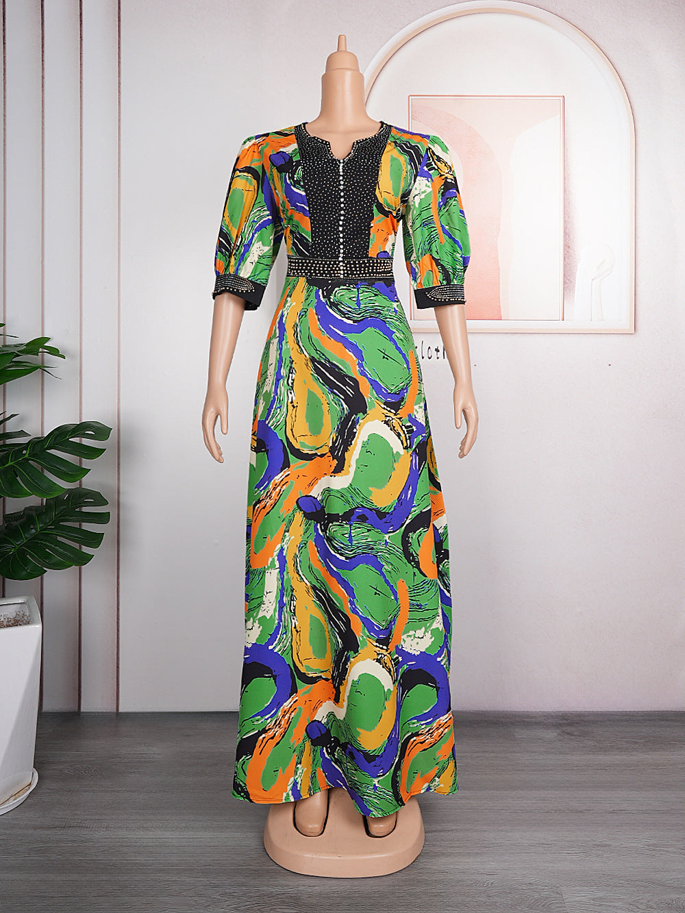 e-commerce   new print dress african plus size women's hotfix rhinestone beaded maxi dress