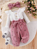 export  autumn new arrival: white flutter sleeve knit top, pink floral print joggers with drawstring, and belt - 3-piece set