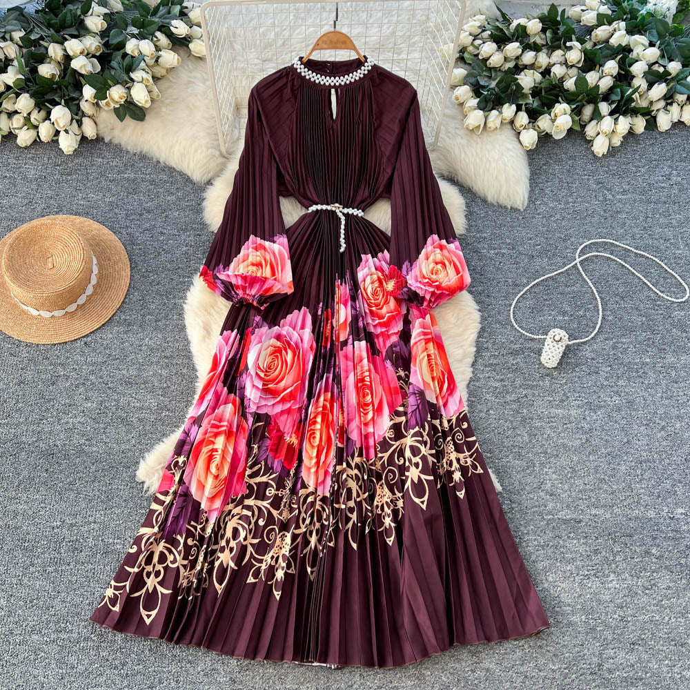European and american style high-end beaded and printed pleated dress - women's gradient korean style long sleeve pearl button pleated maxi dress - commute friendly