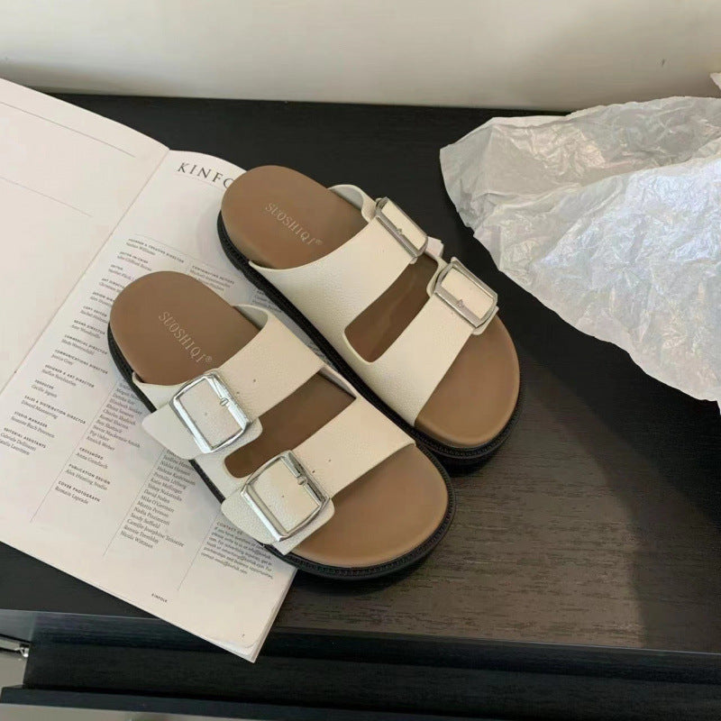 2024 new korean style chunky platform birkenstock-style sandals - women's fashionable square buckle double strap non-slip thong sandals for outdoor wear