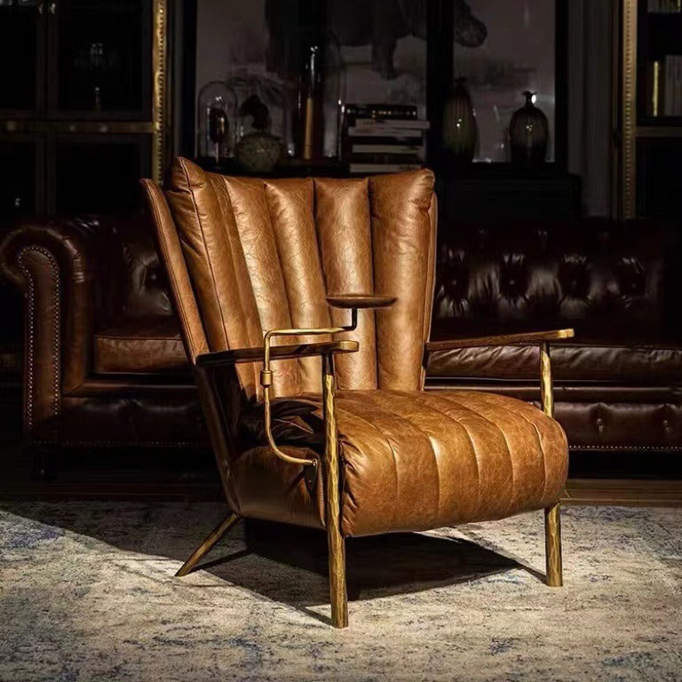 Vintage-style hand-forged solid wood armrest cigar chair, retro distressed leather single leisure chair, home design
