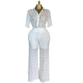 European and american cross-border women's fashion:  autumn new collection - stylish lace collar short sleeve blouse and high-waisted trousers casual set
