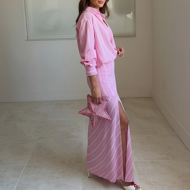 summer new women's clothing: cross-border european and american style fashion casual striped long-sleeve shirt dress set
