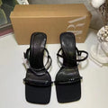 Za new 2024 fashion french black high heels square toe one strap rhinestone open toe back strap sandals women