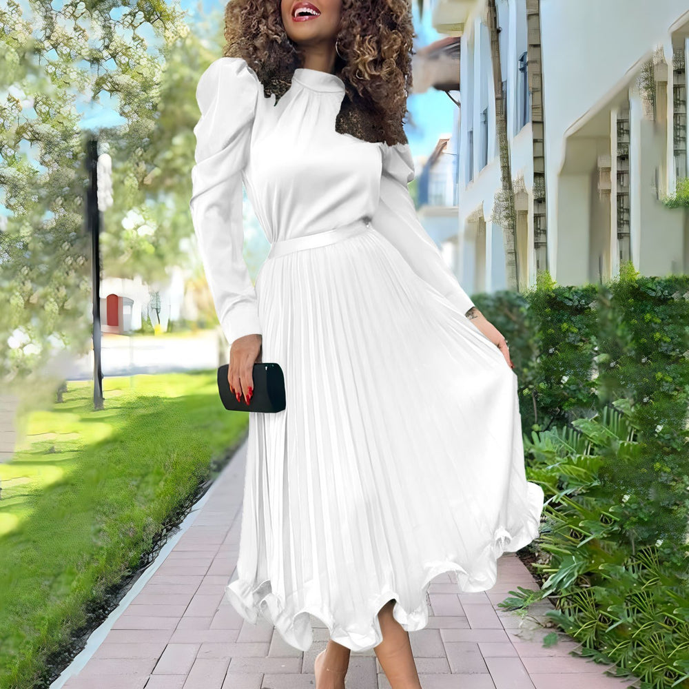 D3239 independent station fashion cross-border women's autumn puff sleeve tops pleated skirt two-piece set african suit
