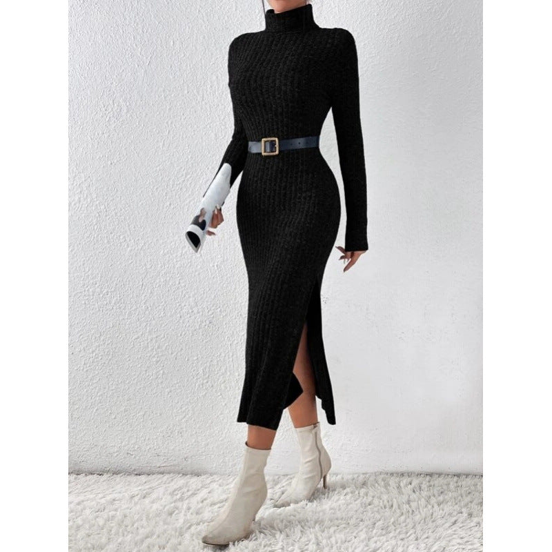Women's turtleneck ribbed knit midi dress - autumn/winter long sleeve slim fit slit knit dress