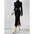 Women's turtleneck ribbed knit midi dress - autumn/winter long sleeve slim fit slit knit dress